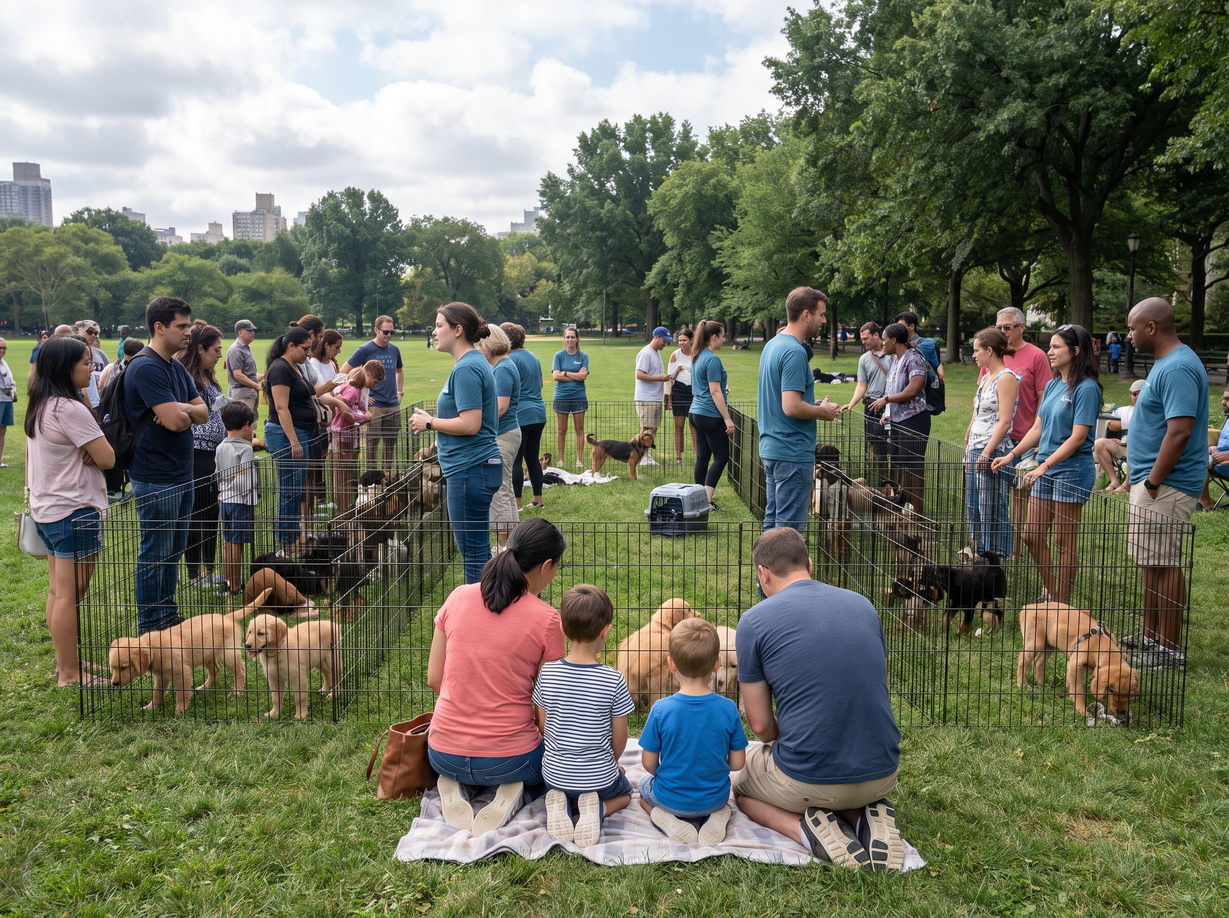 People gather around pens of dogs at an adoption event in a park
