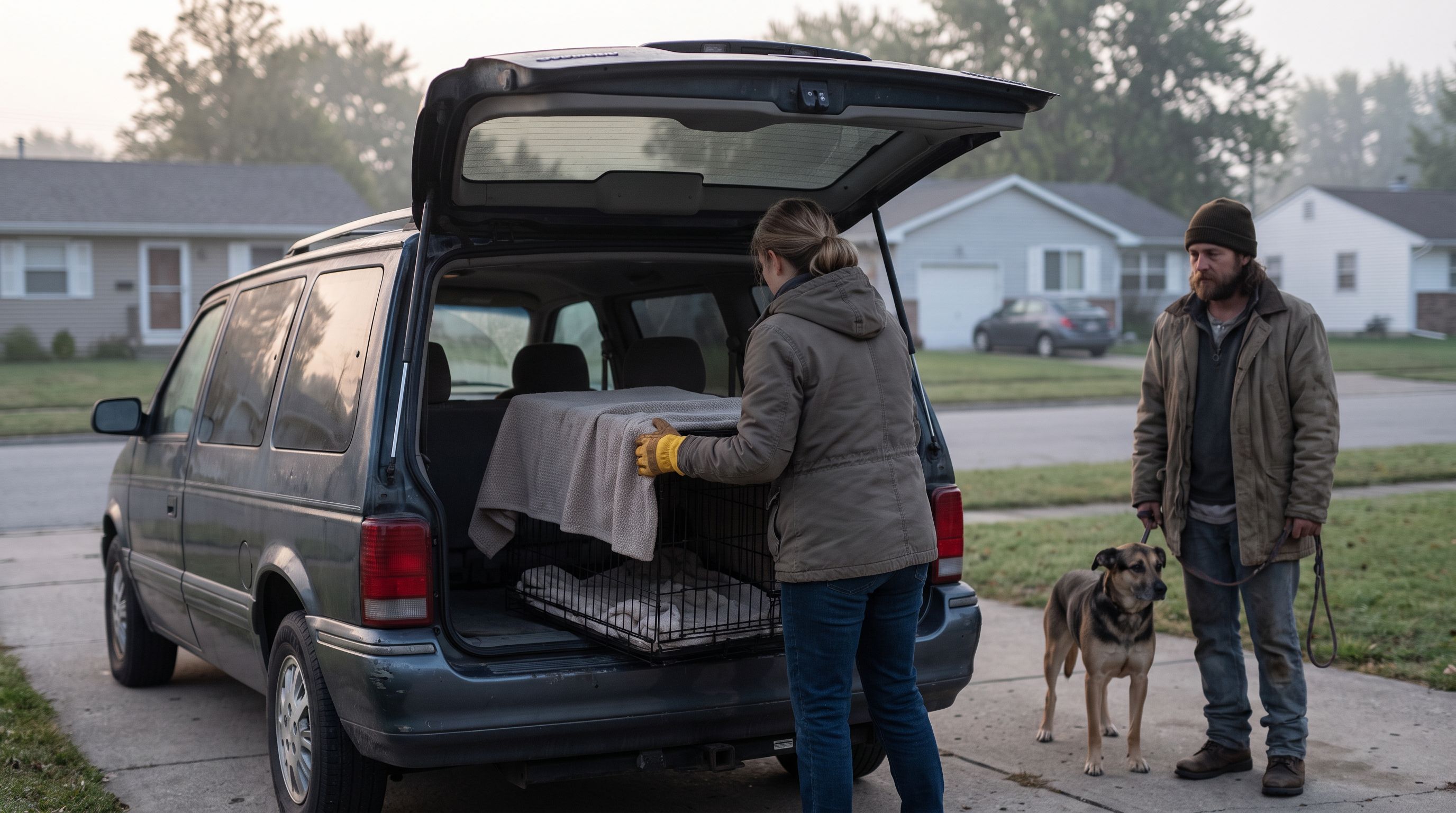 Two volunteers load a crate into a van at dawn while a dog waits on a leash